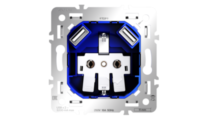 Механизм розетки с заземлением и защитными шторками 16А, с USB A+A Voltum S70 VLS0404M