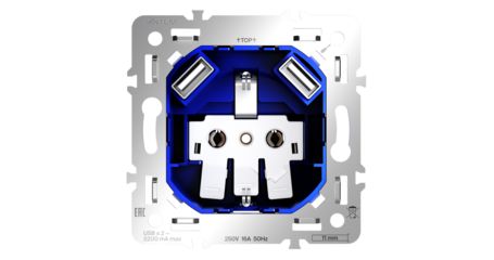 Механизм розетки с заземлением и защитными шторками 16А, с USB A+A Voltum S70 VLS0404M