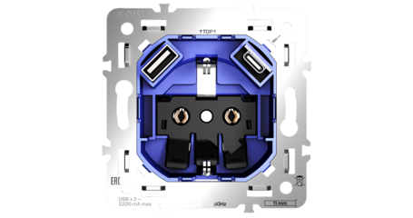 Механизм розетки с заземлением и защитными шторками 16А, с USB A+C Voltum S70 VLS0405M